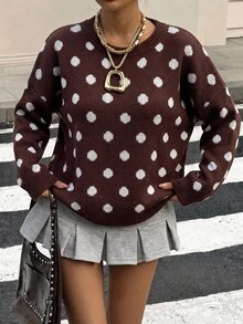 SHEIN PariChic 女款棕色波點圓領針織衫，寬鬆休閒套頭上衣，適合秋冬日常穿搭 - 彩色 - 查看 8