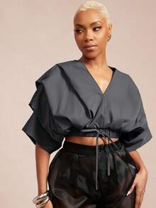 Vixey Solid Color Woven Pleated Structure Sleeve Cinched Waist Top, Work Office Top, Summer/Spring - Grey - View 1