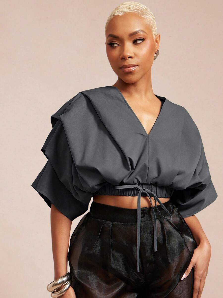 Vixey Solid Color Woven Pleated Structure Sleeve Cinched Waist Top, Work Office Top, Summer/Spring - Grey - View 1