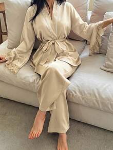 DAZY 2pcs Elegant Contrast Color Lace Trim Sleeve Decor Women's Sleepwear Set, Summer Pajamas - Beige - View 3