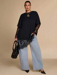 SHEIN BAE CURVE 大尺碼女款抓皺短袖蕾絲拼接上衣，大尺碼 T-shirt - 黑色 - 查看 6