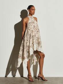 KSTM Halter Neck Leopard Print Mini Dress With Lace Trim Handkerchief Hem Sleeveless Summer Party Dress - Multicolor - View 2