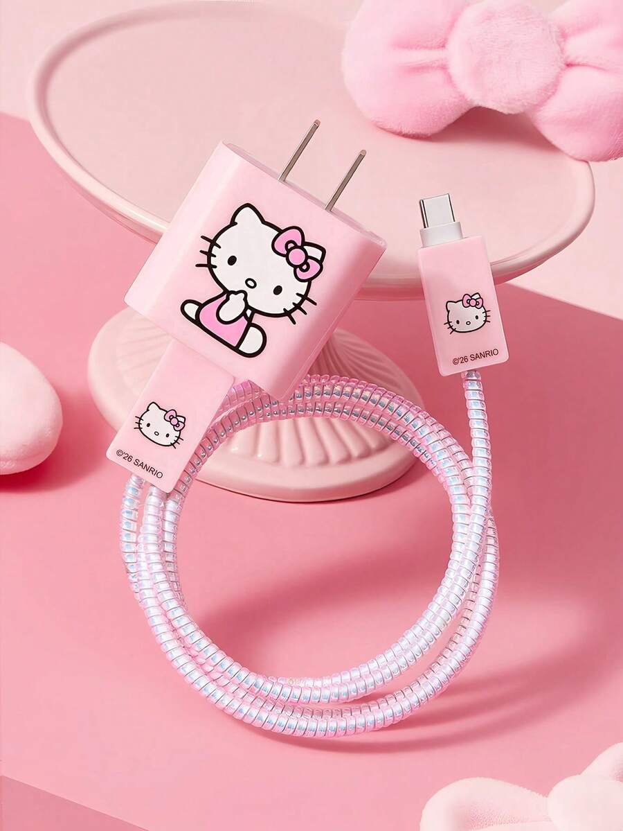 HELLO KITTY AND FRIENDS | SHEIN 3件組數據線保護套，適用於充電器，櫻桃印花圖案，充電器保護套（不含數據線） - 粉色 - 查看 1