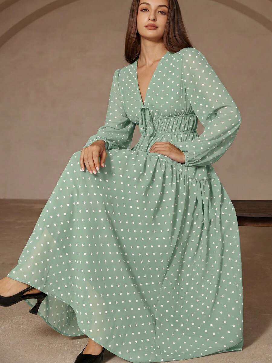 Revavyn Vintage Romantic Polka Dot V-Neck Slimming Elegant Tie-Front Fitted Long Sleeve Chiffon Dress Brunch Sage Green Autumn - Mint Green - View 1