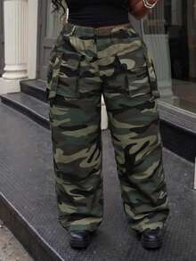 Slaydiva Plus Size Women's Camouflage Casual Versatile Everyday Travel Long Pants Fall - Green - View 8