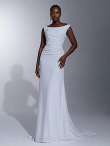 Elitara Plus Size Elegant Classy Formal Dinner Deep U-Neck Ruffled Corset Bodice Mermaid Hem Wedding Party Evening Dress Gown Long White Autumn - White - View 1