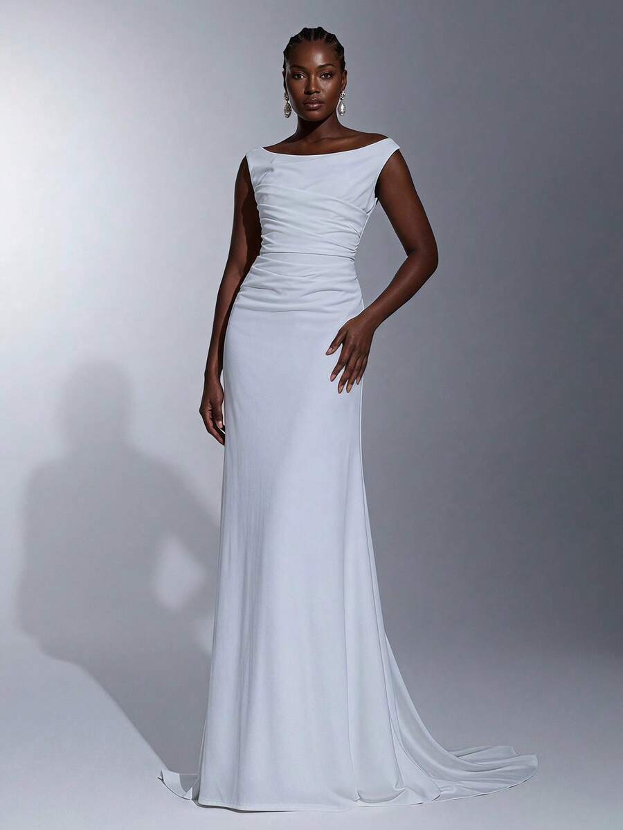 Elitara Plus Size Elegant Classy Formal Dinner Deep U-Neck Ruffled Corset Bodice Mermaid Hem Wedding Party Evening Dress Gown Long White Autumn - White - View 1