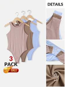 SHEIN BASICS 3件組女款休閒圓領無袖修身純色針織連身衣 夏季居家服 灰粉色、巧克力棕、水藍色 - 彩色 - 查看 10