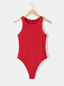 SHEIN BASICS 3件組/包 女款休閒素色圓領無袖貼身針織連身衣 夏季上衣 - 紅色 - 查看 7