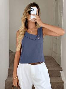 SHEIN LUNE Casual Solid Color Asymmetric Collar Sleeveless Shirt - Blue - View 5