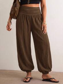 Freevana Plus Size Women Solid Color High Waist Pleated Casual Lantern Pants - 咖啡棕 - 查看 4