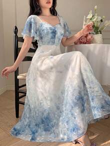 Modelyn Spring/Summer Gentle Style Romantic Elegant Gradient Blue And White Floral Print Pleated Dress Vacation - Multicolor - View 5