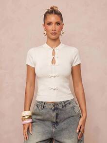 Lumalex Ivory Knit Crop Top With Mandarin Collar Short Sleeves Frog Knot Buttons Front Keyhole Cutouts Ribbed Cuffs Luxury Top Outfits For Parties Dates Daily - Apricot - View 2