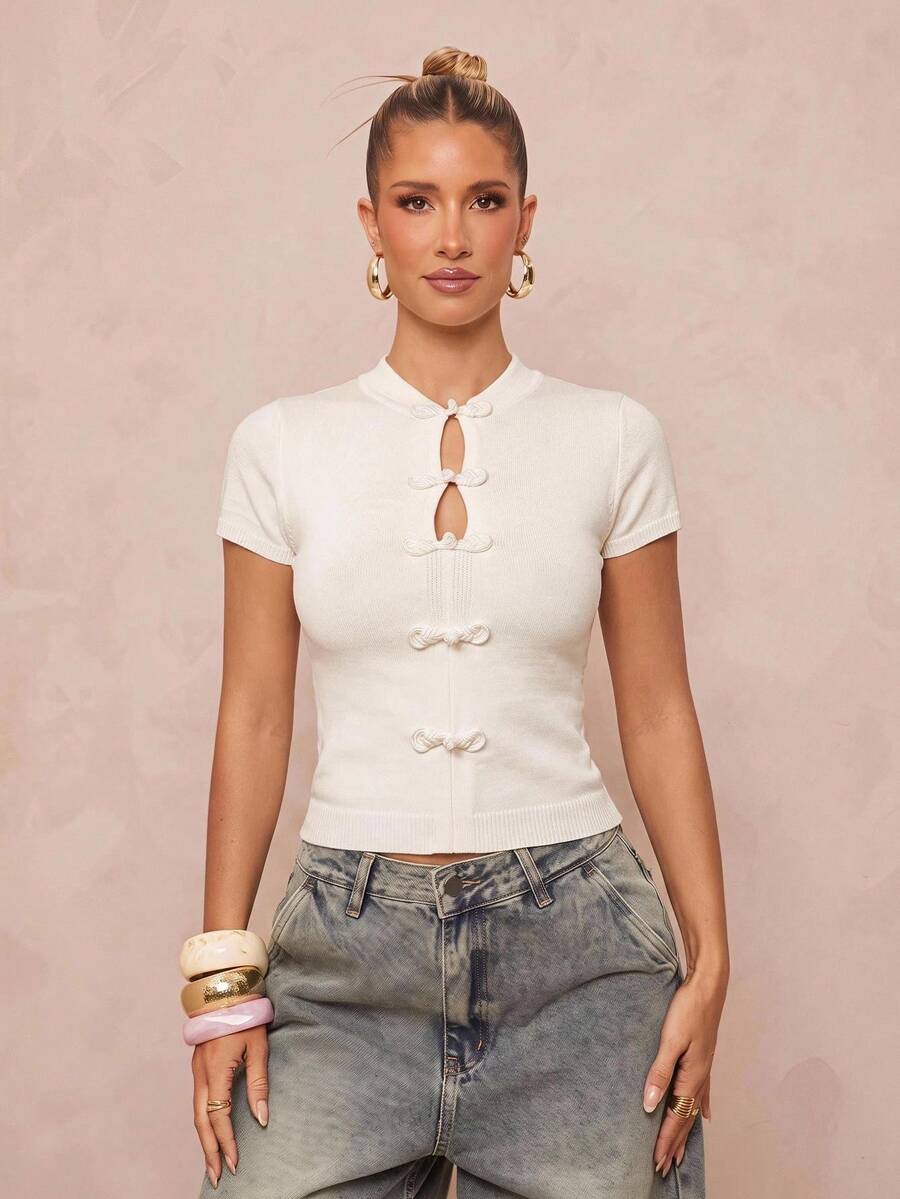 Lumalex Ivory Knit Crop Top With Mandarin Collar Short Sleeves Frog Knot Buttons Front Keyhole Cutouts Ribbed Cuffs Luxury Top Outfits For Parties Dates Daily