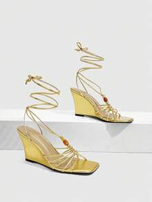 CUCCOO SZL Ladies Fashion Elegant Party, Thick Heel Wedge, Square Toe Kink, Lace-Up Beaded Sandals - Gold - View 2