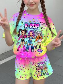 Tween Girl 休閒 Y2K 極簡風短袖上衣與短褲兩件套，適合夏季度假，粉色與綠色 - 彩色 - 查看 2