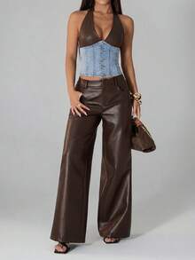 SHEIN Tall Women's Color Block Halter Neck Denim Corset Top - Light Wash - View 11