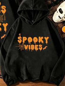 SHEIN LUNE Women's Fashion Halloween Spider Seb & 'SPOOKY VIBES' Slogan Graphic Hooded Sweatshirt - Black - View 3