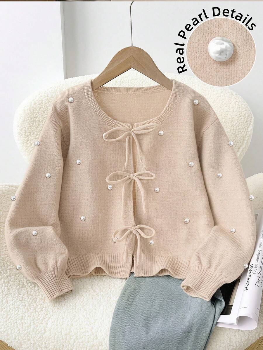 SHEIN 兒童青少年女孩寬鬆休閒簡約舒適圓領長袖綁帶蝴蝶結綴珠秋季開襟衫返校季 - 卡其色 - 查看 1