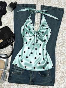 INAWLY Plus Size Women's Summer Casual Polka Dot Print Backless Halter Neck Top - Blue - View 3