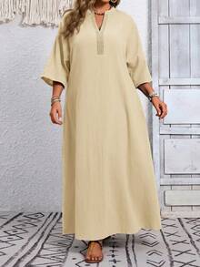 EMERY ROSE Plus Size Women's Summer Casual Boho Bohemian Traditional Vacation Country Solid 3/4 Sleeve Long Dress Going Out Brunch Outfits Beach Flowy Fall Beige - Apricot - View 5
