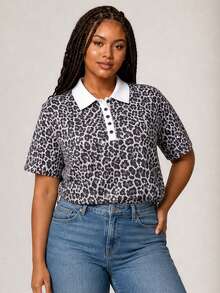 ELLERISSA Curve Elegant Leopard Printed Oversized Tee With Polo Shirt Detail For Women,Pink And Grey,Summer,Smart Casual,Everyday Plus Size Tops - Multicolor - View 5