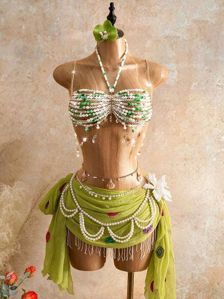 Mistrie 女款性感海島海灘派對度假裝飾珠飾超短吊帶背心 綠色與白色 夏季 - 綠色 - 查看 1