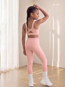 SHEIN Young Girl High Stretch Sportswear Set For Body Shaping, Free Stretching, Sweating-Absorbing, Cycling, Running, Indoor Dancing And, Fall, Yoga, Gym - Pink - View 6