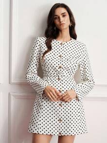 BELROSIE Casual Vintage Elegant Classic Belted Textured Herringbone Long Sleeve Dress Work Date White And Black Polka Dot Autumn - Multicolor - View 6