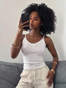 Livesso Summer Autumn Spaghetti Strap Bow Decor Square Neck Fitted Solid All White Polka Dot Women's Tank Top Lounge Cute Everyday House Romantic - White - View 6