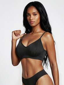 SHEIN Women's Seamless Solid Color Bra - Black - View 3