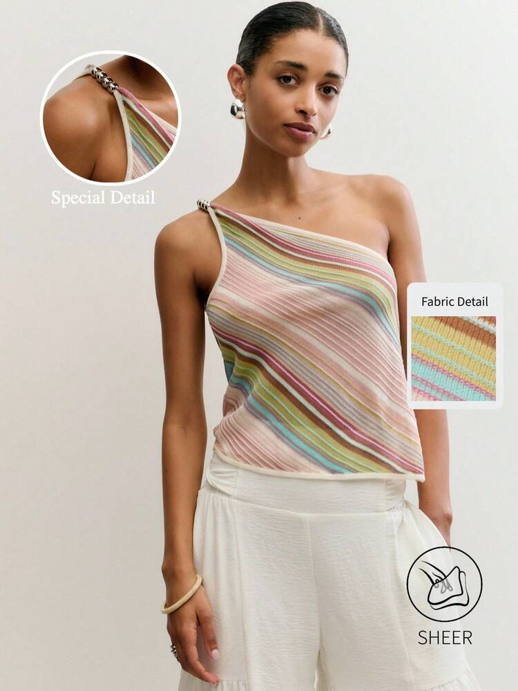Nöista Asymmetrical One-Shoulder Striped Knit Top. Summer, Fall, Going Out, Party, Y2K Style. - Multicolor - View 11