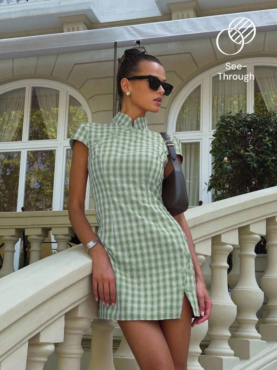 Nöista Chinese-Style Mandarin Collar Dress. Summer, Fall, Wedding Guest, Party, Elegant Style. - Aqua Green - View 1