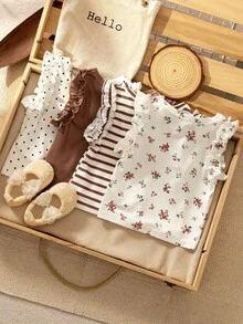 SHEIN Vintaside Kids 3件組女嬰夏季新款簡約百搭甜美可愛舒適親膚彈性嬰兒休閒外出上衣，粉色、杏色素色與條紋荷葉袖背心上衣，適合外出、度假、旅行及日常穿著 - 棕色 - 查看 2