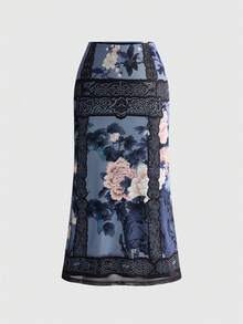 ROMWE 新款中式風格花卉印花網紗大尺碼女款裙 - 藍色 - 查看 1