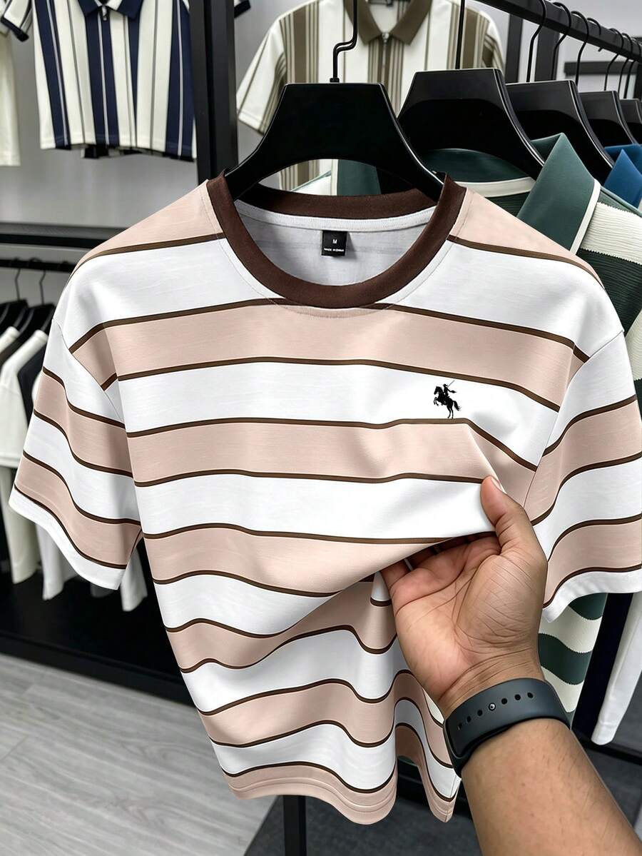 Manfinity Homme 男士休閒 INS 風格拼色條紋布料日常街頭風男友丈夫禮物週年紀念禮物圓領拼色拼接 T 恤 - 彩色 - 查看 1