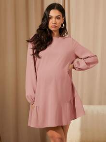 MaterniWear 女士休闲宽松长袖卡其色连衣裙、秋季短裙、秋冬女装、办公室服装、工作服、返校节服装、教师服装、孕妇装 - 粉色 - 查看 6