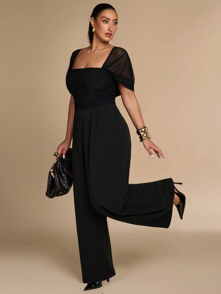 SHEIN BAE CURVE Plus Size Women's Black Lace Patchwork Long Sleeve Wide Leg Jumpsuit, Elegant Business Casual Dinner Cocktail Summer
