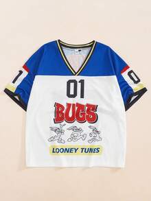 LOONEY TUNES X SHEIN Men's Letter Print V-Neck Short Sleeve T-Shirt Retro Color-Block Jersey - White - View 1