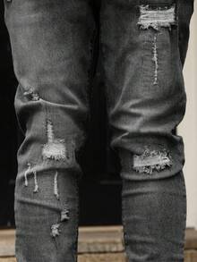 Manfinity Homme Men's Pocket Distressed Skinny Casual Versatile Jeans Ripped Grey Jeans Stretch Washed Slim Fit Thrashed Denim - Grey - View 7