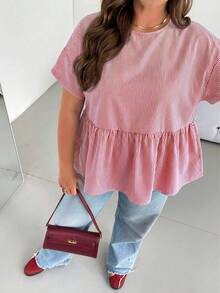 SHEIN Essnce 大码女装春夏时尚休闲宽松舒适清爽日常百搭显瘦蓝色条纹短袖衬衫，女式衬衫，夏季穿搭，简约风格，凸显曲线的可爱服装 - 紅色 - 查看 4