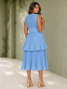 ELLERISSA Vestido midi con cuello en V sin mangas, plisado y con volantes, con botones delanteros y dobladillo con volantes, en talla grande azul cielo - Azul - Ver 2