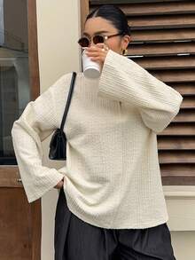 Dazy Plus Knitted Jacquard Fabric Loose Half-Zip Bell Sleeve Long Sleeve Spring Autumn T-Shirt - Apricot - View 4
