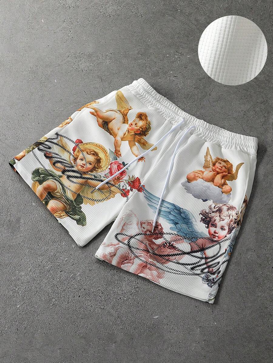 ROMWE MEN Men's Angel Script Print Shorts - Pink - View 1