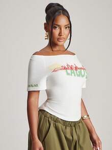 NYA SZN Top Color Block Short Sleeve Ribbed Knit Trim Printed Graphic Tee "Lagos" "Center Of Excellence" Oversized Summer Red Green Yellow Outfits For Women - Apricot - View 6
