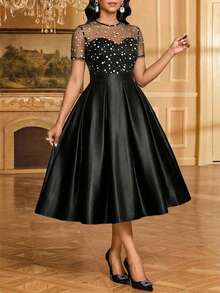 SHEIN Lady Plus-Size Elegant 1950s Vintage 1920s Party Formal Evening Cocktail Dress With Polka Dot Print, Mesh Paneling, Pleated Waist, Satin Hem Black - Black - View 6