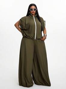 Mawevolt Plus Size Women's Zipper Top And Wide Leg Pants Casual Daily 2 Pieces Set - Army Green - View 6