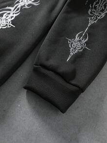 ROMWE MEN Goth 男士天使圖案印花時尚拉鍊連帽衛衣 - 黑色 - 查看 6