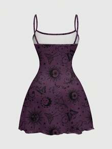 ROMWE 哥德風太陽月亮星星藤蔓蝴蝶性感暗黑辣妹全印花迷你洋裝女款 - 紫色 - 查看 2