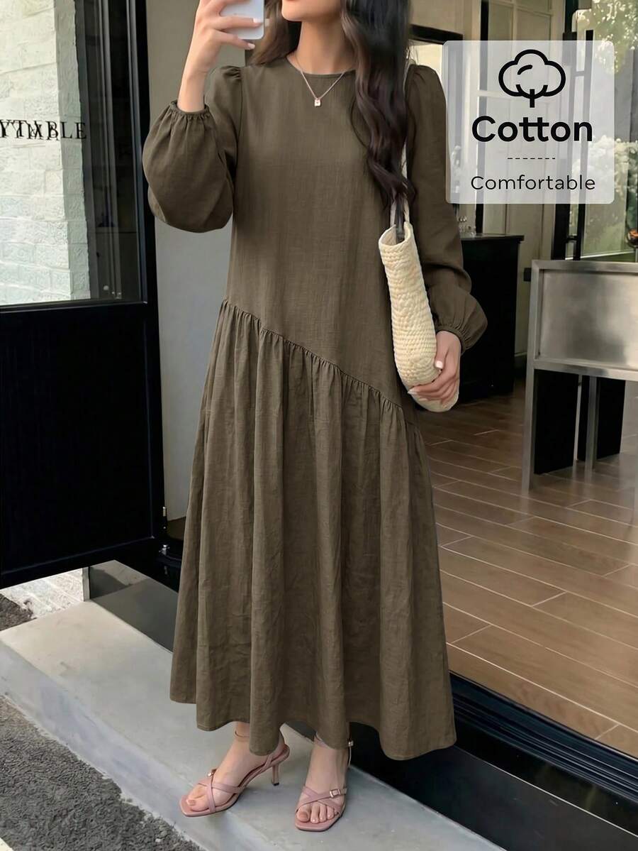 Solavon 女款純色百褶休閒日常夏季洋裝 - 軍綠色 - 查看 1